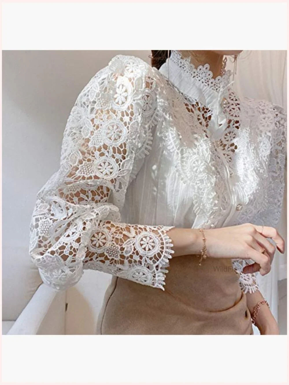 Elegant Lace Trim Victorian Blouse Long Sleeve Button Down Tops - Picture 3 of 7